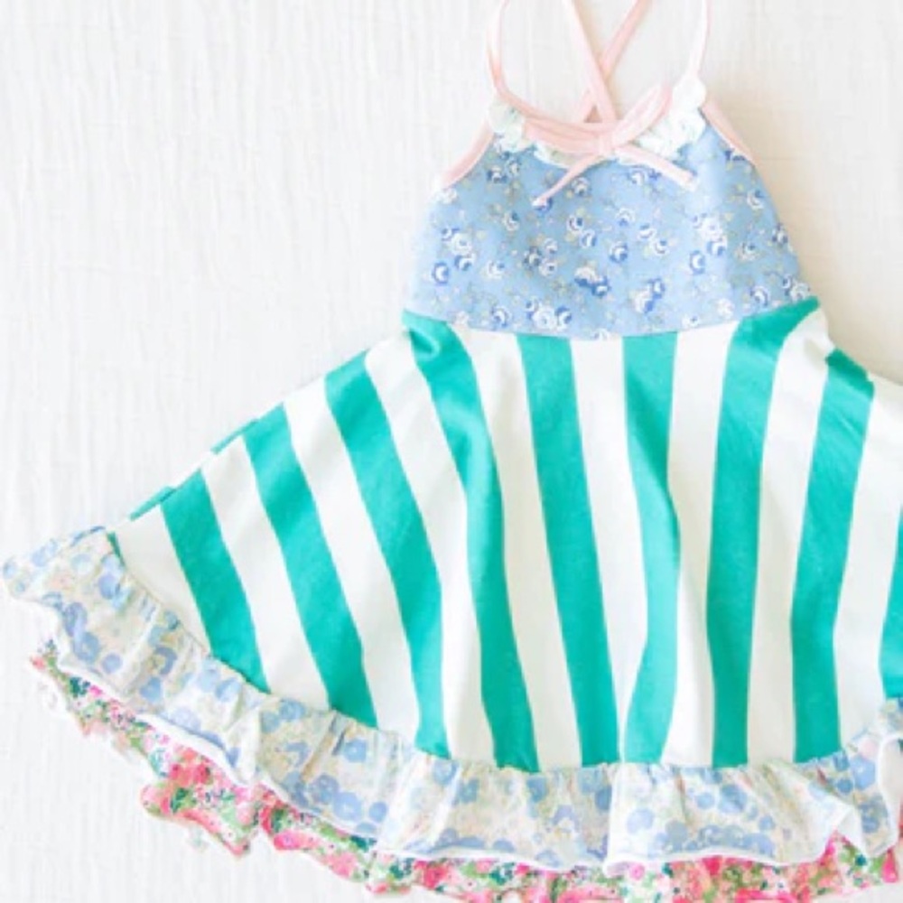 SweetHoney Striped Blue and White Dress with Floral Accents criss-cross back 2T